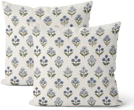 Blue Green Pillow Covers 22x22 Inch 2 Pcs Block Print Vintage Floral Decor Throw Pillows Boho Flower Spring Summer Outdoor Seasonal Decoration Pillowcase Linen Cushion Cover for Couch Sofa by DAFENA