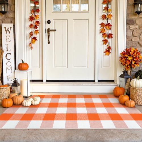 Uphome Bufflo Plaid Outdoor Rug 2'x4.3', Fall Decor Checkered Front Door Mat, Indoor Outdoor Farmhouse Porch Rug for Layered Door Mats, Washable Halloween White/Orange Runner for Patio Entryway - Image 5