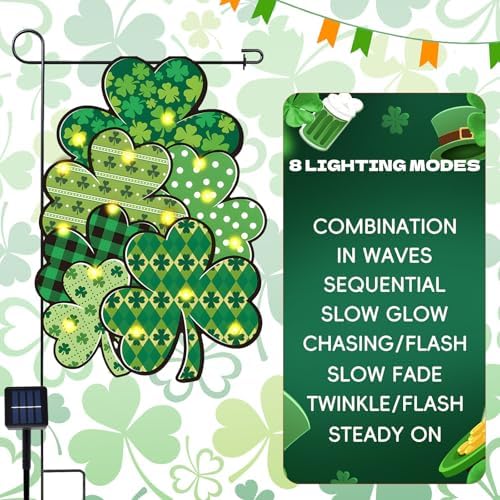 12 x 18 Inches Lighted St. Patrick’s Day Garden Flag – Double-Sided Clover Yard Flag with Warm LED Lights, Solar Powered Outdoor Decoration for Porch, Lawn, and Patio - Image 5