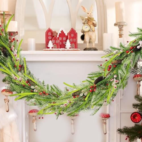 6 Ft Christmas Artificial Pine Vine Garland Green Norfolk Swags Garland Snowy Red Berries Pinecones Pine Needles Garlands for Christmas Holiday Xmas Winter Mantle Party Table Centerpiece Decorations - Image 4