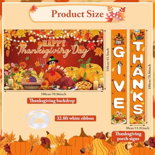 Thanksgiving Banners with 3 Pcs 71x43 Inch Happy Thanksgiving Backdrop & Give Thanks Porch Signs Hanging Ribbon for Door/Wall/Yard Decorations, Fall Party Supplies, Photography Background - Image 2