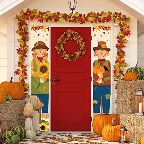 2 Pcs Thanksgiving Porch Sign Banner Fall Harvest Banner Autumn Scarecrow Maple Leaves Pumpkin Hanging Door Sign for Indoor Outdoor Home Party Decorations, 12 x 71 Inch by Tiamon