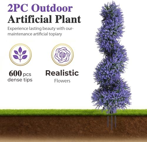 PATIO CHOICE 3ft Artificial Topiary Spiral Trees with Lavender Set of 2 High End Outdoor Faux Plants Realistic Fake Bushes Lilac Shrubs Decorations for Outdoor Front Porch Garden - Image 2