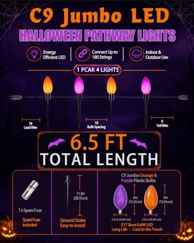Jumbo C9 Halloween Pathway Lights, 4 LED Stakes, Orange and Purple - Image 2