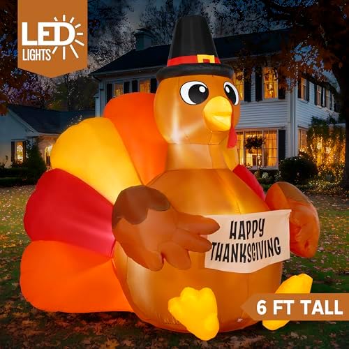 JOIEDOMI 6FT Thanksgiving Inflatable Turkey Decoration Outdoor, Light Up Inflation Turkey with LED, Happy Thanksgiving Blow Up Yard Decorations for Outside, Yard, Garden, Lawn, Party Supplies - Image 2