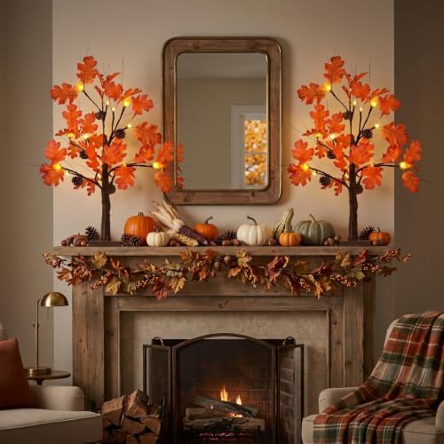 hogardeck Fall Decorations for Home, 2 Pcs 24”2FT Lighted Acorn Leaves Tree Fall Decor with Warm White LEDs, 6 Acorn Lampshades and 6 Pine Cone Ornaments Battery Powered Timer for Autumn, Thanksgiving - Image 5
