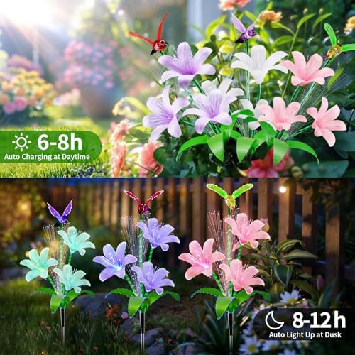 Solar Lights Outdoor 3 Pack, Fiber Optic Lily & Hummingbird Solar Stake Lights, Waterproof Auto On/Off Solar Garden Lights for Patio Deck Lawn Pathway Mother’s Day Holiday Décor - Image 2