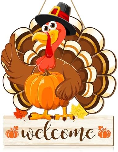 Thanksgiving Turkey Door Sign Decorations, Fall Welcome Wooden Hanging Sign, Give Thanks Wood Vintage Pumpkin Rustic Autumn Harvest Wall Plaque Wreath Hanger Decor for Home Yard Porch by CIOEY