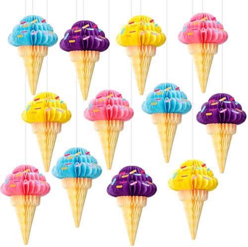 Gueevin 12 Pcs Ice Cream Party Decorations Summer Ice Cream Hanging Honeycomb Balls Decor Tissue Paper Hanging Ceiling Decor for Sweet Party Home Birthday Baby Shower Favor by Gueevin