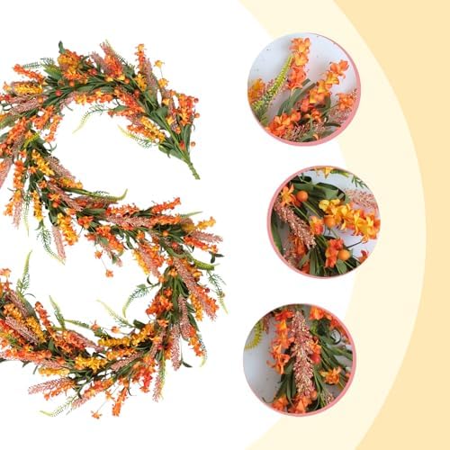 70 Inch Fall Flower Garland with Berries for Front Door, Harvest Orange Floral Wreath Garland for Indoor Outdoor, Fall Artificial Flower Garlands for Home Decor - Image 5