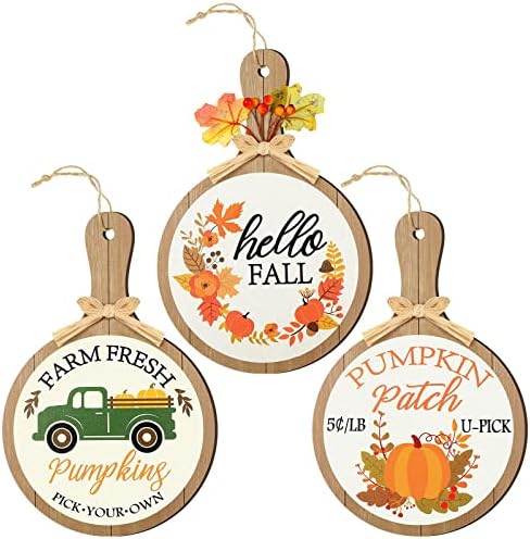 3 Pcs Hello Fall Signs Pumpkin Decor Wooden Fall Decorations for Home Vintage Fall Decor Pumpkin Sign Farm Fresh Home Wall Decor Autumn Harvest Farmhouse Wood Hanging Signs for Home Kitchen Decor by Bucherry