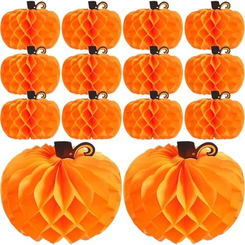 JOVITEC 14 Pack Thanksgiving Table Decor Honeycomb Pumpkins 10.2 Inch Paper Fall Hanging Pumpkin Decorations 3D Tissue Centerpieces for Halloween Birthday Wedding Party Supplies by Jovitec