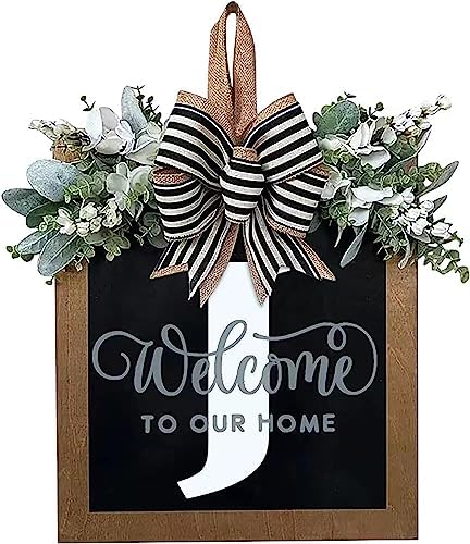 Last Name Year Round Front Door Wreath Front Porch Decoration 26 Letter Welcome Sign with Eucalyptus Garland and Bow Spring Wreaths for Front Door Outside Hanger Garland（J） by YICORIP