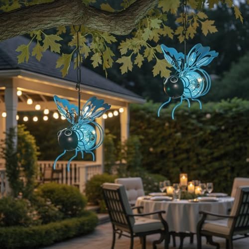 Solar Powered Hanging Bee Light Waterproof Solar-Powered Insect Ornament Suitable for Courtyards, Trees, Porches, and Terraces 2-Pack Blue - Image 5