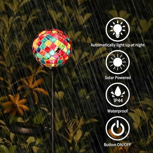 VCUTEKA Decorative Solar Garden Lights, 3.5" Mosaic Globe Outdoor Stake - Image 4