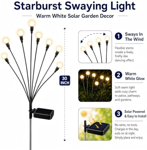 TONULAX Solar Garden Lights - 6 Pack 48 LED Upgraded Solar Swaying Light, Sway by Wind, Outdoor Lights, Yard Patio Pathway Decoration, High Flexibility Iron Wire & Heavy Bulb Base, Warm White - Image 2