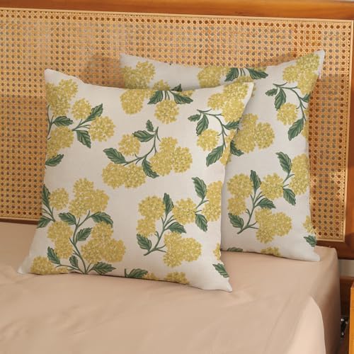 Mustard Yellow Outdoor Pillow Covers 24x24 Inch 2 Pcs Green Hydrangea Flower Decor Throw Pillows Spring Summer Seasonal Vintage Floral Decoration Pillowcase Linen Cushion Cover for Couch Sofa - Image 2