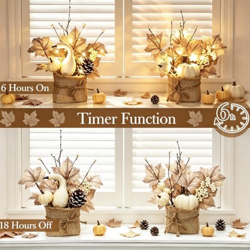 [Light & Timer] Fall Decor 2 Pack Fall Table Centerpieces with 20 LED Tabletop Maple Tree Pumpkin Pinecone Berry Branch Arrangement, Fall Decorations for Home Kitchen Halloween Thanksgiving - Image 3