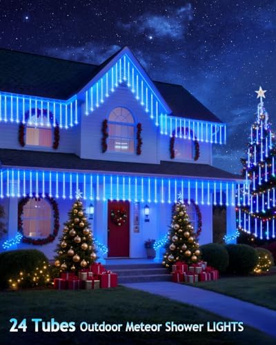 PEMOTech Christmas Lights Outdoor,24 Tubes 30cm 576 Led Meteor Shower Lights, Waterproof Christmas Decorations Icicle Light for Xmas Tree Halloween Party, Outdoor Christmas Decorations,Ul Plug,Blue - Image 2