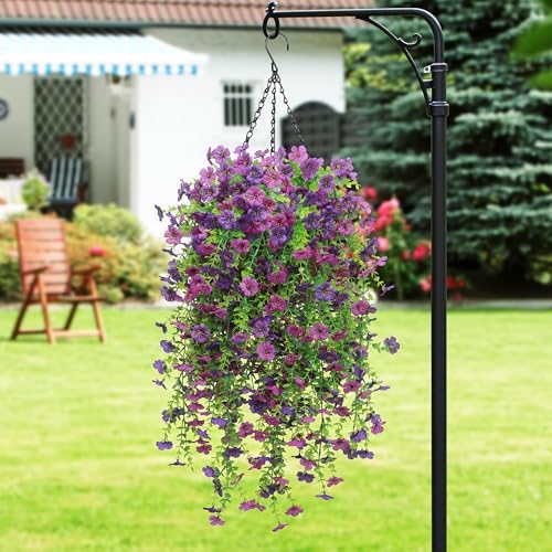 Artificial Fake Hanging Flowers Plant Spring Summer Decoration for Outdoor Faux Silk Daisy with Eucalyptus 4 Pcs Realistic UV Resistant Indoor Outside Garden Porch Patio Balcony Yard(Double Purple) - Image 5