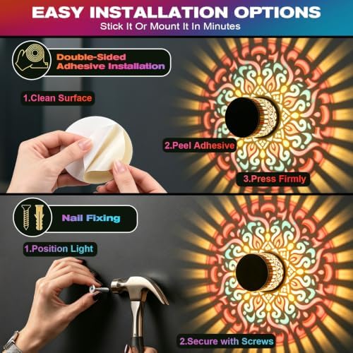 Solar Mandala Projection Wall Lights Waterproof, Gift for Women Men, Solar Mandala Lights Outdoor Metal Fence Lights, Decor Light for Yard Garden Post Patio Backyard Porch Tabletop (Warm White 2 Pcs) - Image 3