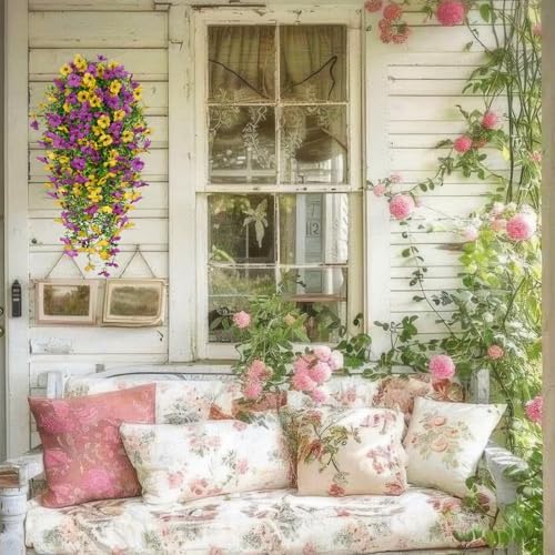 4 Pcs Artificial Hanging Flowers for Outdoors Spring Summer Faux Silk Daisy Flowers UV Resistant Fake Plants Eucalyptus Realistic for Outside Home Indoor Planter Porch Yard Decor Yellow Purple - Image 6