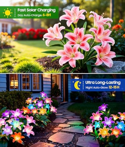 LETMY Solar Garden Lights, 4 Pack Solar Flower Lights with 6 Head Bigger Lily Lights, IP65 Waterproof Solar Lights Outdoor, Decorative Lights for Garden, Patio, Yard, Flower Bed - Image 3