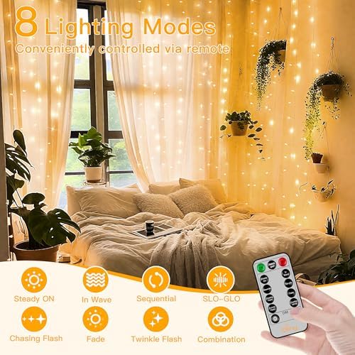 Ollny Curtain Lights 6.6x6.6ft, 200LED String Lights with Remote Warm White - Image 3
