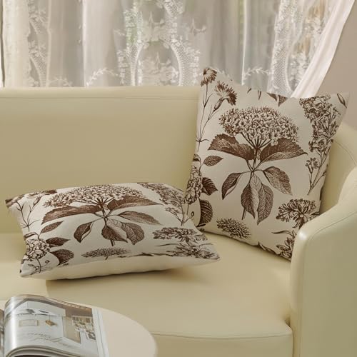 Brown Pillow Covers 18x18 Inch 2 Pcs Boho Vintage Floral Decor Throw Pillows Hydrangea Flower Seasonal Outdoor Farmhouse Neutral Accent Decoration Pillowcase Linen Cushion Cover for Couch - Image 4