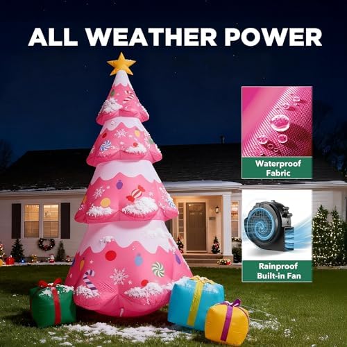 12 FT Pink Christmas Tree Inflatables Outdoor Decorations, Blow Up Candy-Themed Xmas Tree with Rotating Projection for Garden Lawn Holiday Decor - Image 5