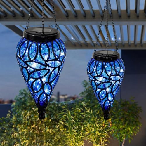 Solar Hanging Lantern Outdoor Lights, Solar Lanterns Decorative Outdoor,Tear-Shaped 15 LEDs Cool White Hanging Lights with S Hooks Decor in Garden, Yard, Pathway, Front Door, Blue - Image 3