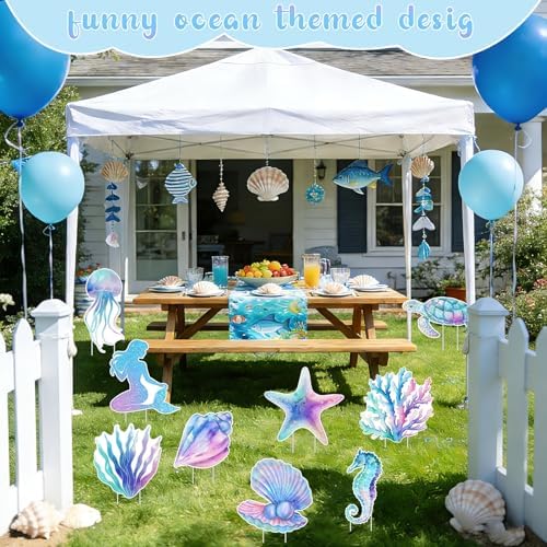 9Pcs Mermaid Party Birthday Party Yard Signs with Stand,Under The Sea Party Supplies for Outdoor Lawn Patio Garden Stand Decor,Large Ocean Theme Birthday Party - Image 4
