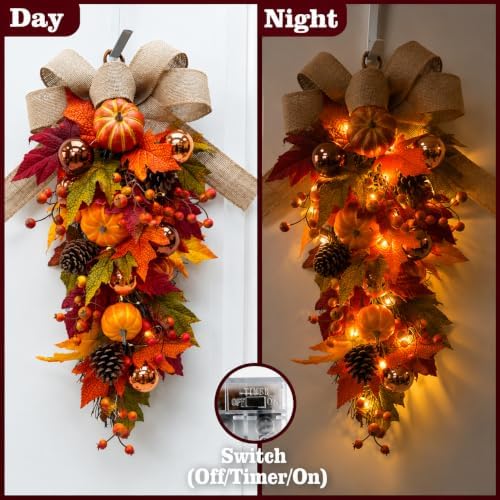 24" Pre-Lit Fall Teardrop Swag with 15 LED Lights & Timer, Pumpkins, Maple Leaves, Pinecones & Burlap Bow, Battery Operated Autumn Door Swag for Thanksgiving & Halloween Decor - Image 2
