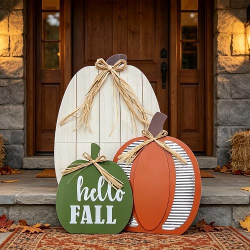 DECSPAS Fall Decorations for Home & Outdoor, 24" White Pumpkin Wood Porch Standing Decor - 3 Pack Red, White, Green Pumpkins for Front Door, Garden, Patio, Thanksgiving - Image 6