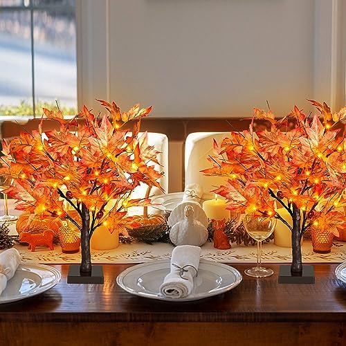 18 Inch Lighted Maple Tree with 36 Lights, 72 Leaves, 6 Acorn, Timer Battery Operated Tabletop Artificial Fall Tree for Thanksgiving Harvest Home Decor, Fall Table Decorations - Image 6