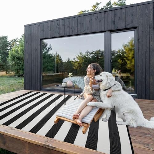 Outdoor Rug 9 x12 ft, Plastic Rug for Patio, Black & White - Image 3