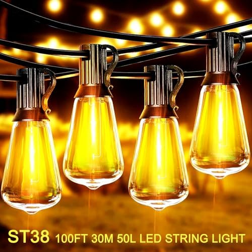 Outdoor LED String Lights with 100 Feet 52 Edison Plastic Bulbs(2 Spare), Waterproof Hanging Lights for Patio Backyard Porch Balcony Party Christmas Decoration - Image 4