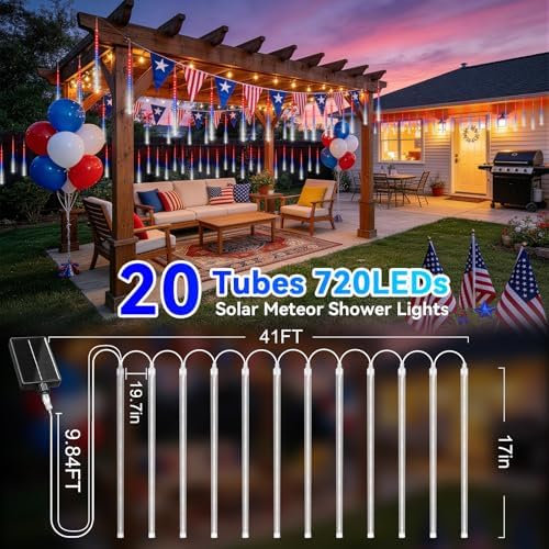 KNONEW 4th of July Solar Lights, USA 250th Anniversary Red White and Blue Solar Lights, 20 Tube 720 LED Waterproof Meteor Shower Lights for Independence National Memorial Day Decor - Image 4