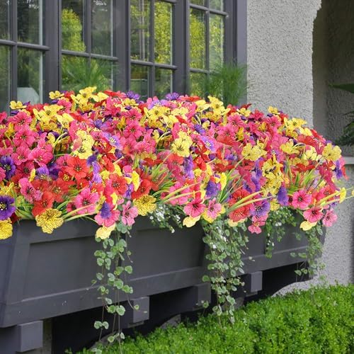 16 Bundles Summer Artificial Flowers Bundies Bulk UV Fake Flowers for Garden Pots Yard Outdoor Porch Home Decor, Colorful Faux Wildflowers Plastic Plant for Outside by AWARDSEN