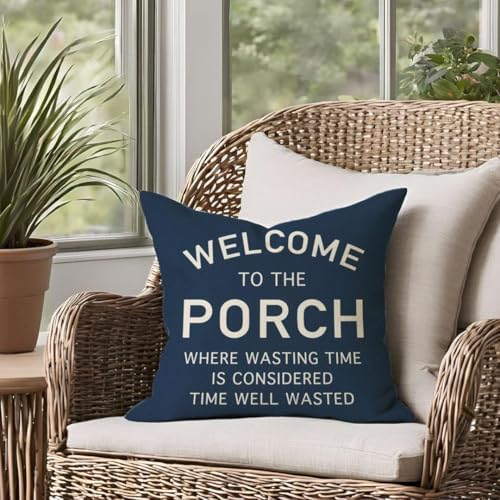 PANDICORN Throw Pillow Cover 18x18 Inch Welcome to the Porch, Navy Blue - Image 3