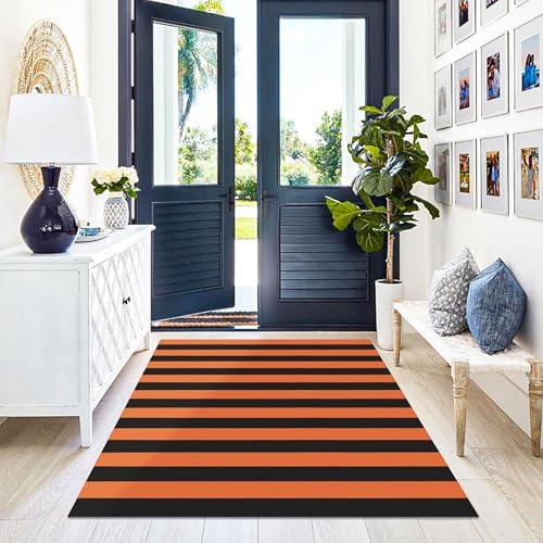 KILOCOCO 4x6 ft Halloween Striped Woven Orange Rugs Fall Front Door Rug - Image 3