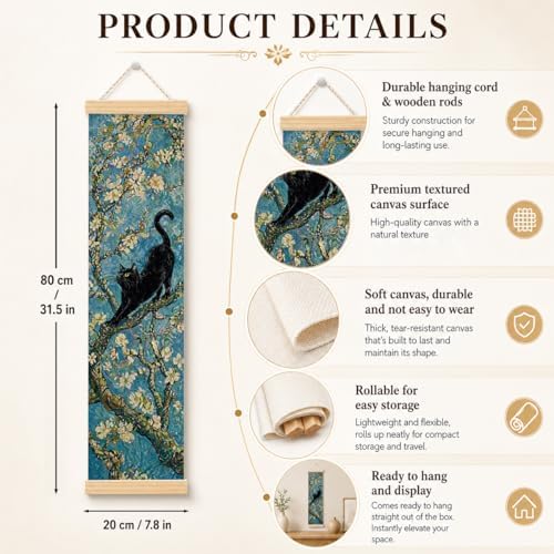 Black Cat Porch Decor Banner, 31.5 x 7.8 Inch Canvas Hanging Banner with Wooden Rods, Blossom Tree Wall Accent for Entryway, Bedroom, Patio, Indoor Outdoor Display - Image 2