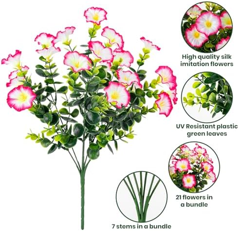 Artificial Faux Flowers for Outdoor 16 Bundles Fake Morning Glory,Pink - Image 3