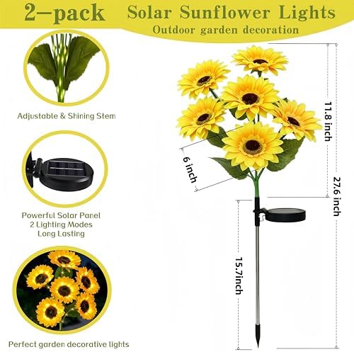 Solar Garden Lights Outdoor, 2 Pack Solar Sunflower Lights with 12 Sunflower, Waterproof Long-Lasting Outdoor Solar Patio Decor Suitable for Yard, Lawn, Pathway, and Backyard Decoration - Image 3