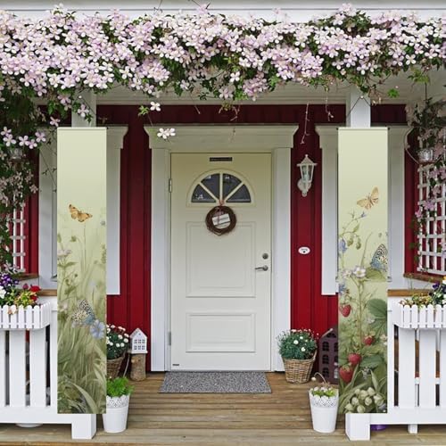 Butterfly Front Door Hanging Banner Strawberry Flower Spring Porch Sign Hanging Flag Porch Sign for Front Door Outdoor Seasonal Holiday Wedding Yard Decor Farmhouse Indoor Wall Backdrop - Image 2