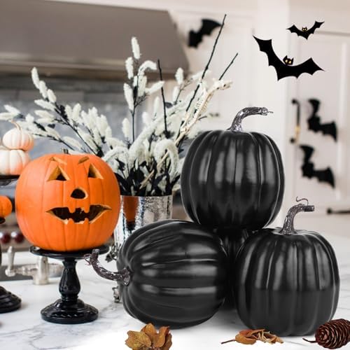 Artmag 6 Inch Large Artificial Pumpkins, 4PCS Big Black Faux Foam Harvest Pumpkins for Fall Autumn Thanksgiving Seasonal Holiday Decor - Image 2