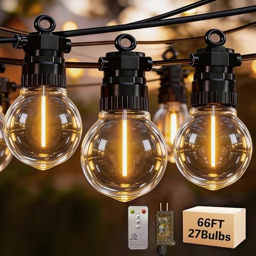 66FT Outdoor String Lights with Remote, 27 Dimmable Shatterproof LED G50 Bulbs, Waterproof Patio & Backyard Lights for Pergola, Deck, Garden, Bistro, Commercial Grade Hanging Lights by Unknown