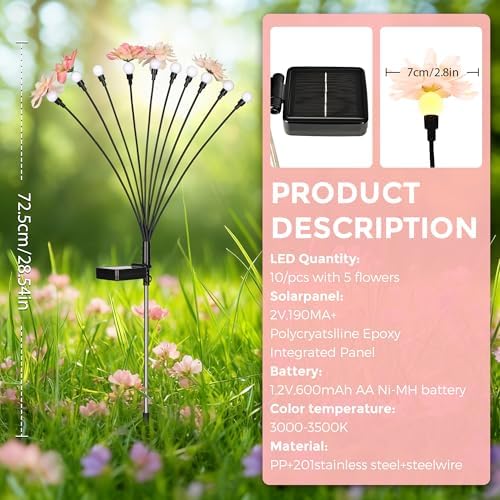PEVOROS Solar Garden Lights, Warm White LED Swaying Solar Flowers Light for Outside, Waterproof Garden Decor, Outdoor Decorative Lights Yard, Patio, Pathway Decoration Gardening Gifts (2 Pack) - Image 6