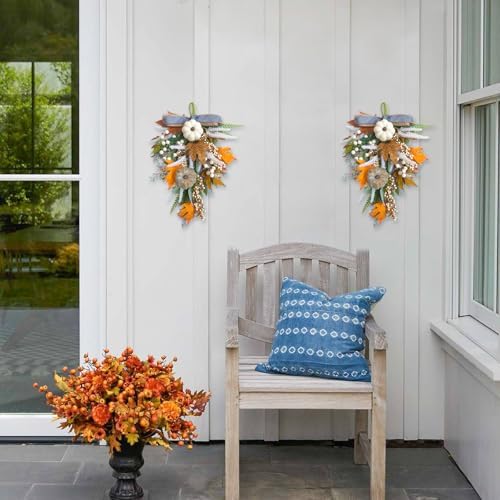 2PCS Fall Teardrop Swags 20inch Thanksgiving Wreath, Eucalyptus Berries Pumpkins Lamb Ears Leaves Autumn Wreaths for Front Door, Fall Decor, Porch Wall, Home Outdoor Holiday Decorations (C) - Image 5