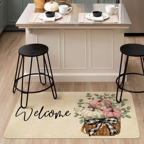Fall Door Mat Outside,Pumpkin Eucalyptus Welcome Mat for Front Door,Thanksgiving Autumn Indoor Outdoor Non-Slip Rugs,Fall Doormat for Farmhouse Home Porch Decorations (Pink 30" x 17") - Image 5